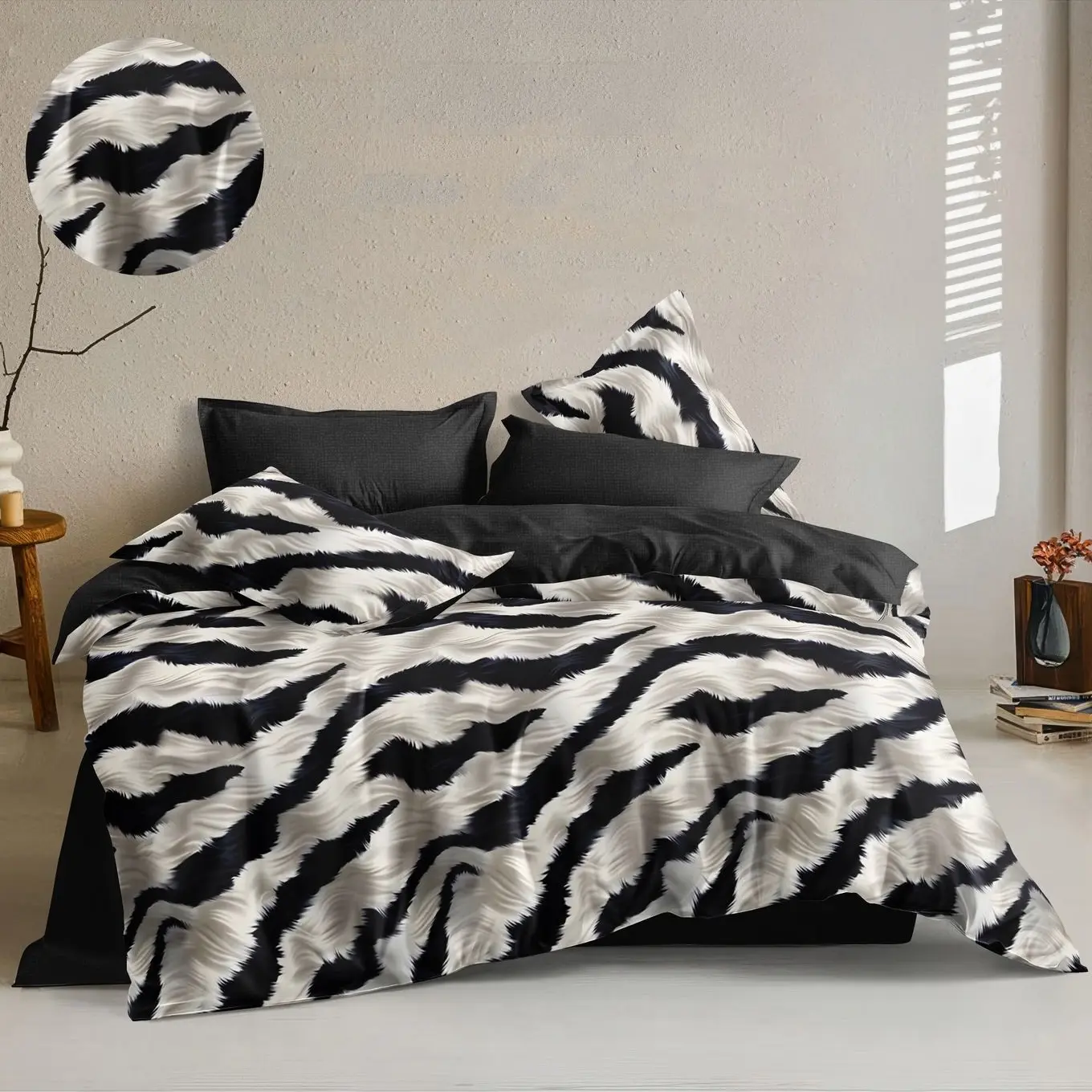 Lenjerie de Pat 6 Piese cu Elastic – Design Zebra Alb-Negru, 100% Eleganță Exotică